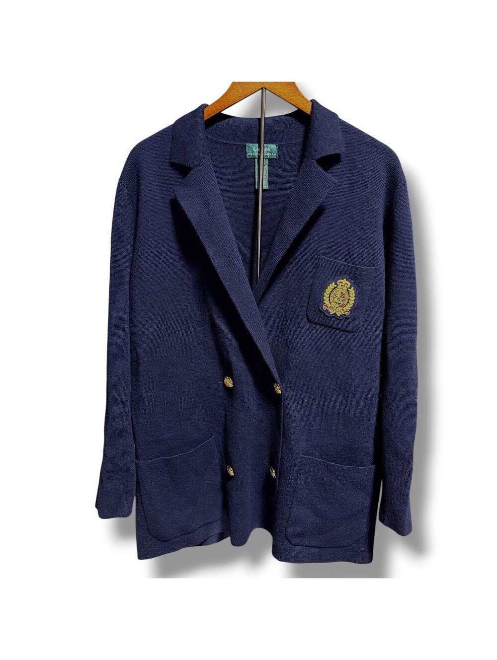 Vtg Lauren Ralph Lauren 2X Merino Wool Crest Blazer Cardigan Navy Gold Button